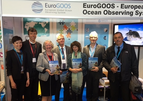 Launch of the EuroGOOS Policy Brief at the European Maritime Day 2016, 28 May, Turku, from left: Dina Eparkhina, EuroGOOS, Martin Visbeck, AtlantOS, Gesine Meissner, Member of European Parliament, Erik Buch, EuroGOOS Chair, Sigi Gruber, Head of Marine Resources Unit, European Commission DG R&I, Douglas Cripe, Group on Earth Observations, and Vittorio Barale, EC Joint Research Centre
