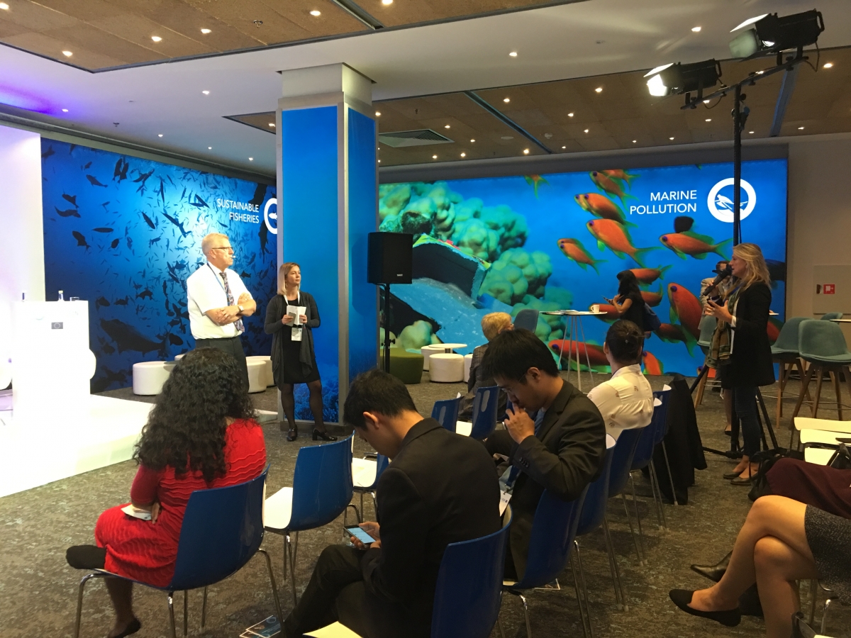 Erik Buch, EuroGOOS Chair, and Dina Eparkhina, EuroGOOS Policy and Communications Officer during the EuroGOOS Ocean Talk at the Our Ocean 2017 exhibition 