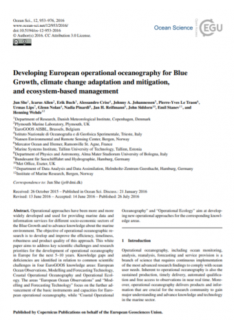 Developing European operational oceanography for Blue Growth, climate change adaptation and mitigation, and ecosystem-based management